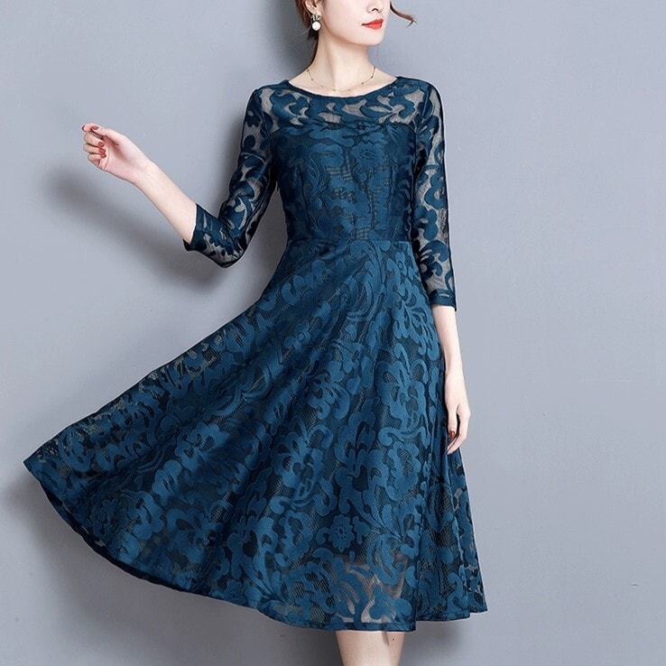 ワンピース パーティードレス カラードレス ミモレ丈ドレス Aラインドレス ワンピースドレス ミモレ丈 袖あり 7分袖 ラウンドネック Aライン フレア レース 透け感 シースルー かわいい 7,291円