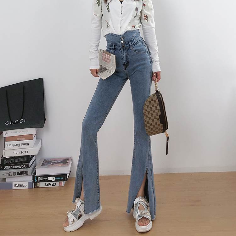 2色 デニム パンツ フレア ブーツカット ジーパン タイト 切りっぱなし ハイウエスト かっこいい 個性的 大胆スリット ズボン ボトムス ロングパンツ スキニー ジーンズ ラフ クール 肌見せ い