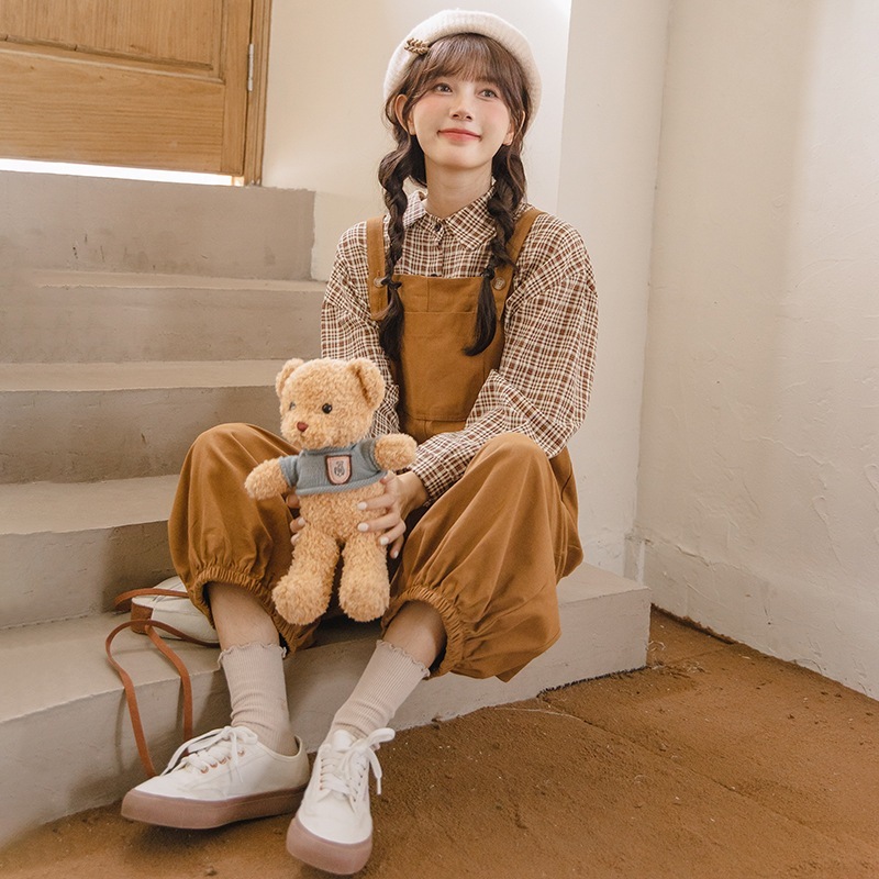 コーデ完成！サロペット2022人気秋服レディースサロペットチェックブラウス上下二点セットアップ韓国ファッションサロペットパンツロングパンツ