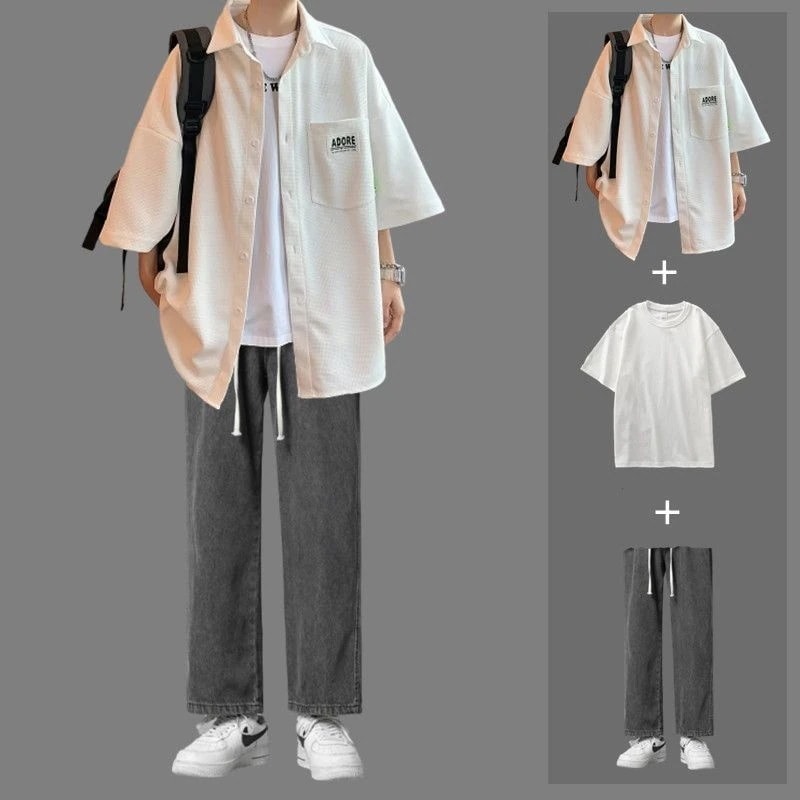 半袖シャツ3点セット ジーパン カジュアル メンズファッション セットアップ ゆったり快適セット