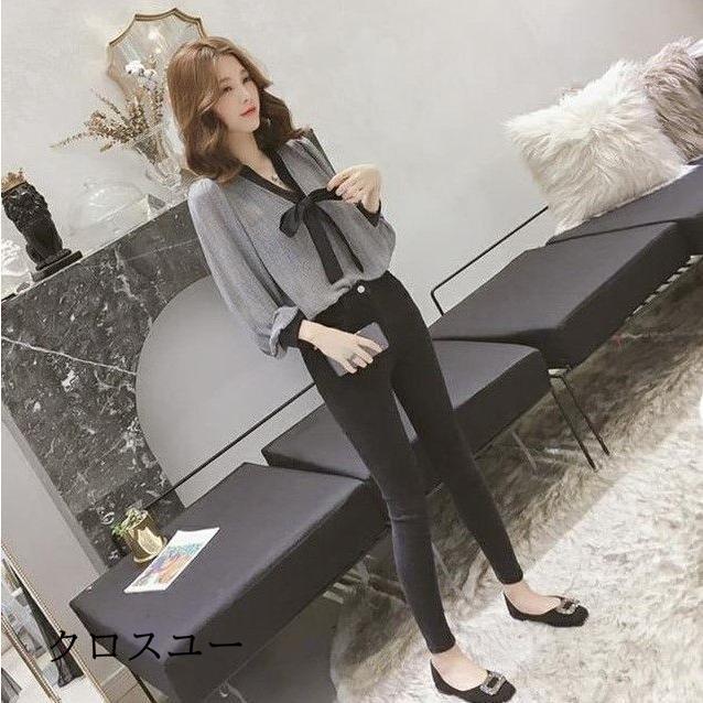 リボン ボウタイ ブラウス オフィス レディース 大きいサイズ 3L 4L 5L トップス 秋 春 Vネック 長袖 シースルー きれいめ シンプル お出かけ 通勤服