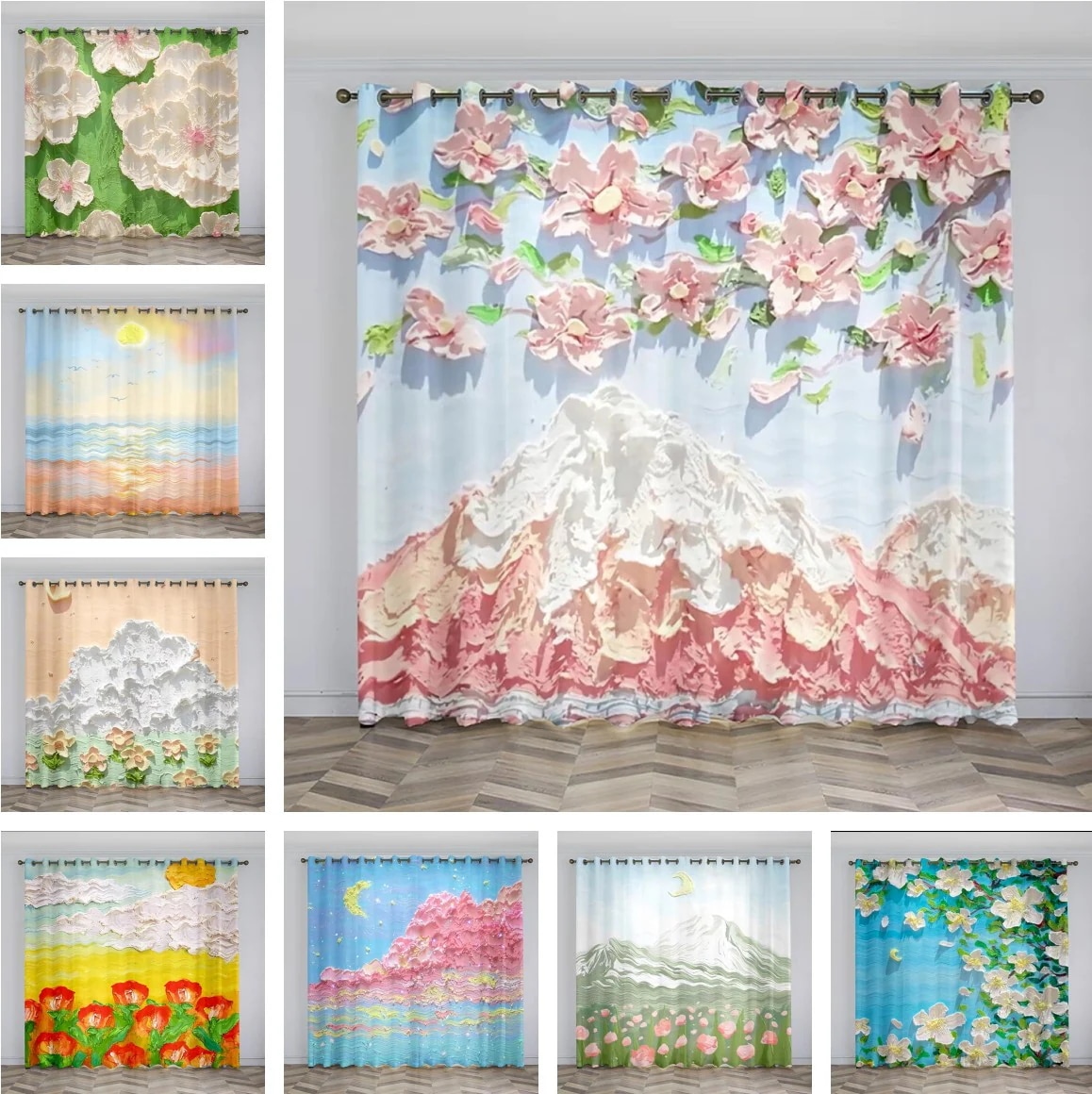 遮光カーテン 富士山 油絵お花のカーテン 断熱 防音 省エネ 厚手 おしゃれ 洗える 寝室 リビング用 エコリエ 保温 UVカット カーテン 北欧 防音 洗える 遮光 省エネ