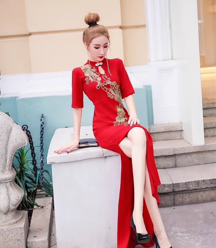 ドレス 衣装 ロングドレス タイトドレス マーメイドドレス チャイナドレス ロング ロング丈 マキシ マキシ丈 袖あり 5分袖 五分袖 スタンドカラー タイト スリム フォーマル エレガント かわいい