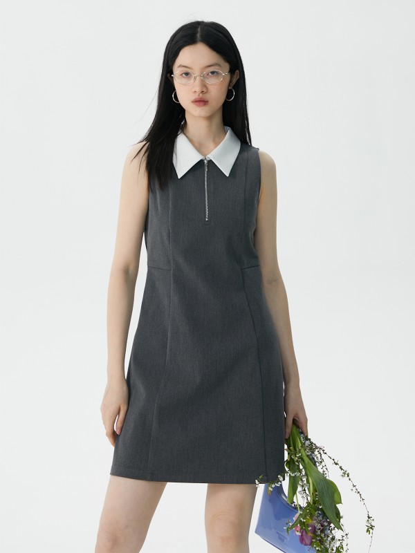 オモント エッグタルト ノースリーブ ポロカラー ジッパードレス レディース 夏新作 スリムフィット スカート