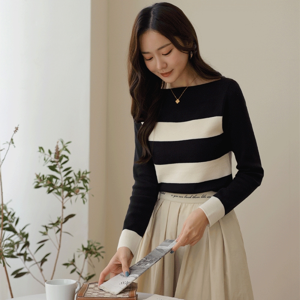 クリック&ファニーダリットストライプリップネックニット