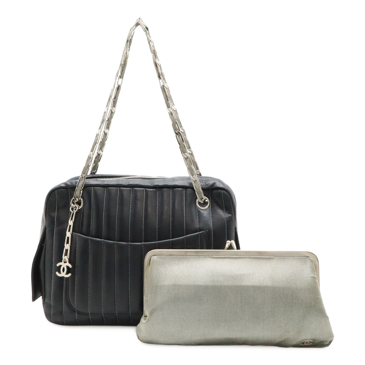 ニューマドモアゼル チェーンショルダー ショルダーバッグ セミショルダー トートバッグ レザー ブラック 黒 シルバー金