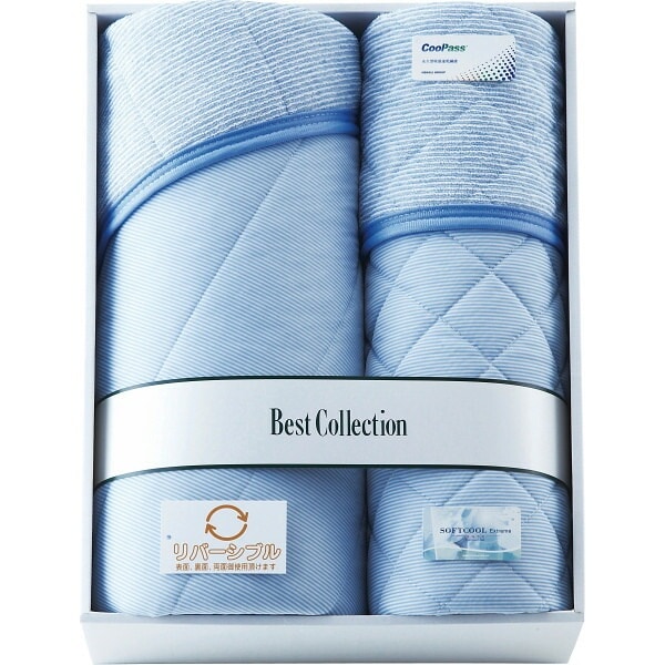 （ギフト）涼感&吸水速乾リバーシブルキルトケット&敷きパッド ブルー