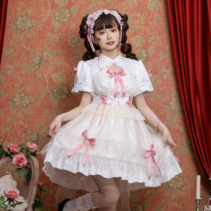 ロリータ ワンピース ドレス 半袖 メイド服 ゴスロリ チャイナ服 ゆめかわいい ゴシックロリータ 天使 小悪魔 中華風 姫 白 黒 3色 双子コーデ チュール ふんわり リボン コスプレ衣装 原宿系