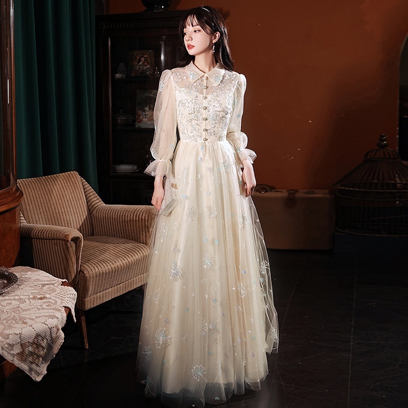 ロングドレス演奏会母親結婚式パーティードレスロング丈 モレ丈長袖キラキラワンピース袖付きピアノ発表会ドレスシャンパン20代30代40代-937