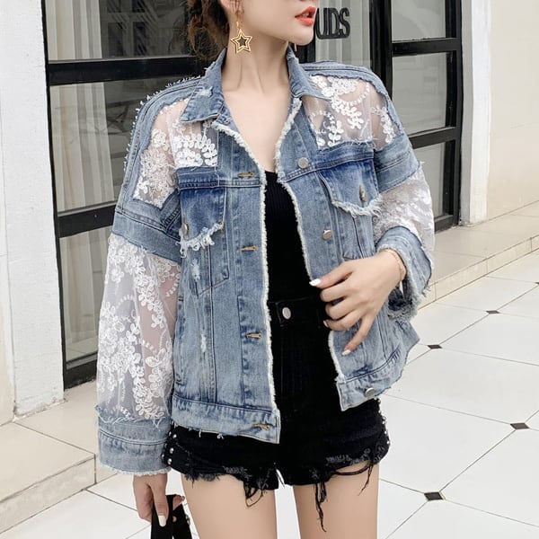 デニムジャケット アウター 上着 ショート丈 オーバーサイズ ミドル丈 ボックスシルエット 無地 襟付き 透け感 シアー シングルブレスト バックシャン バックコンシャス lout0307