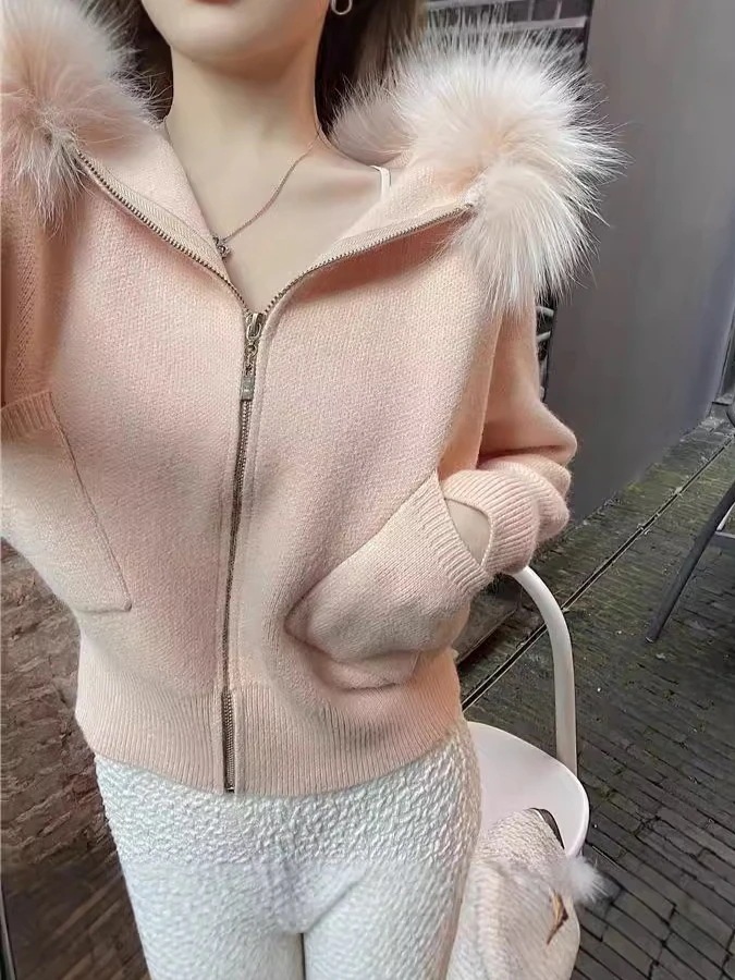 24 秋 レディース 韓国服 初秋 トップス ヘアカラー とろみ セーター 初秋 カーディガン フード付き ニットジャケット