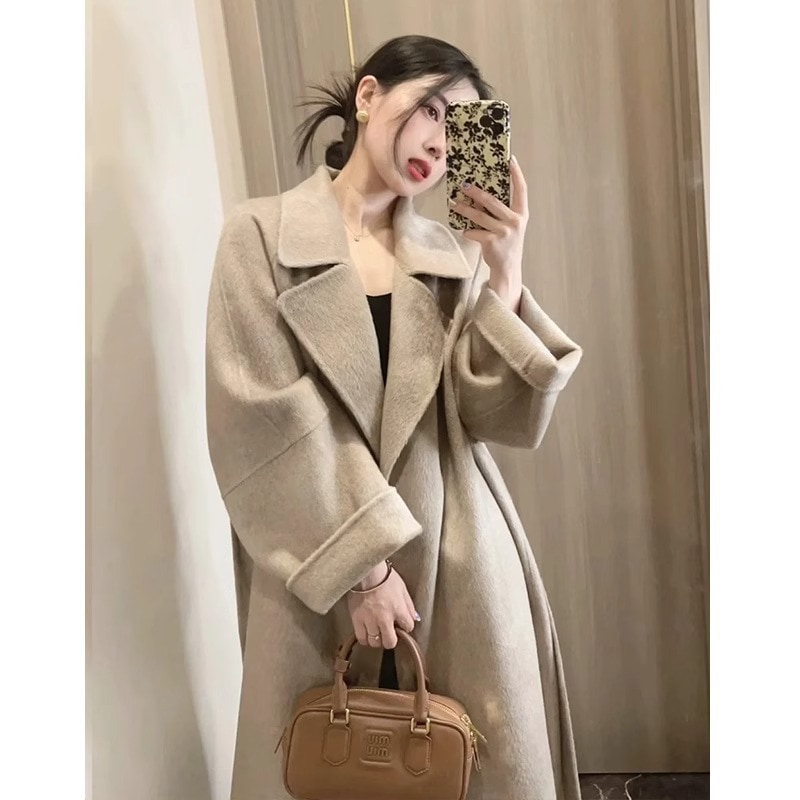 高級なロングダブルフェイスウールコートベルト付きゆったりとしたフィット感厚みがあって暖かいカシミヤウール韓国風