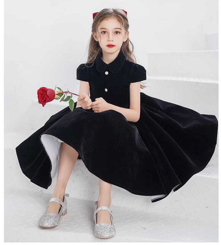 子供ドレス ブラック ベロア ベルベット ピアノ発表会 ドレス 姫系 高校生 中学生 上品 高級感 ワンピース 女の子 キッズドレス ショートドレス ひざ丈 ガール 袖あり 半袖付き 演奏会 フラワー
