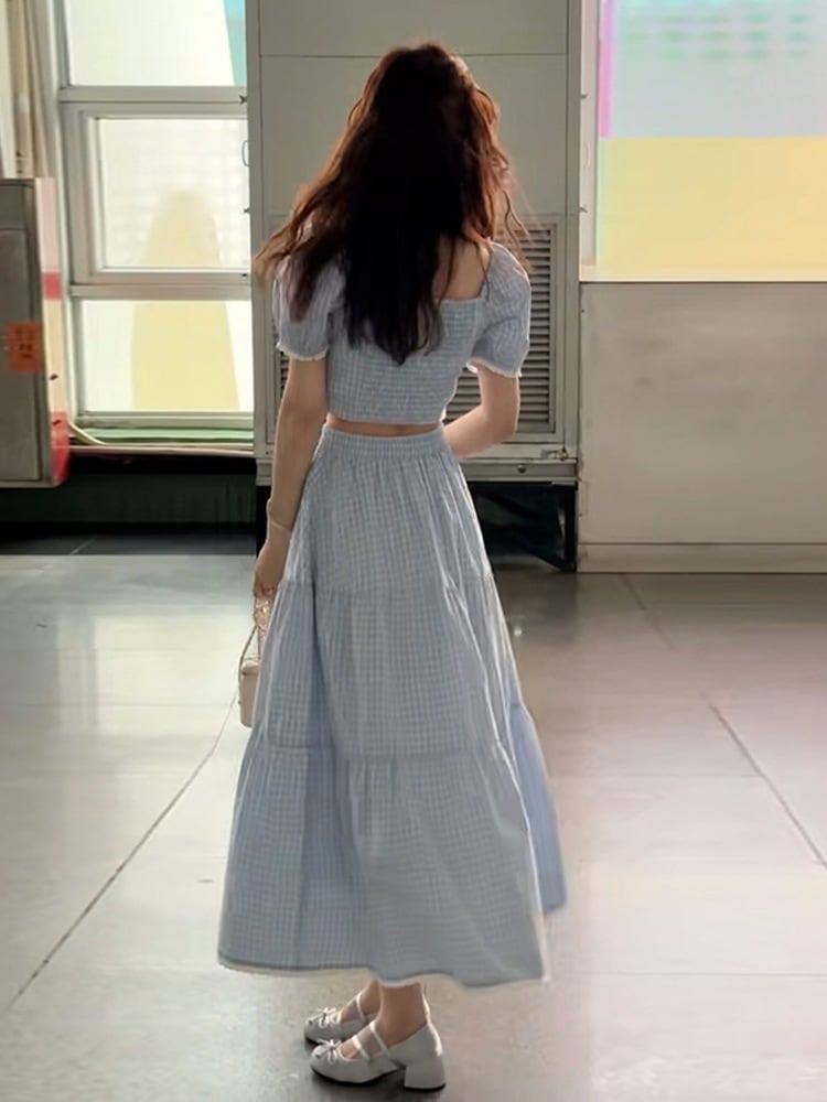 フレンチスモールパフスリーブチェック柄ワンピースレディース2024年夏新作今年人気のきれいめスーツロングスカート