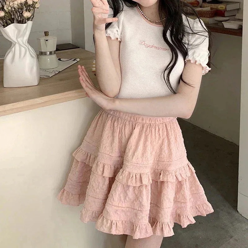 脚魅せミニスカート ショートスカート 甘いフリルはのハイウエストケーキスカートレースAラインビスチェ女性裏地を持っている 韓国ファッション