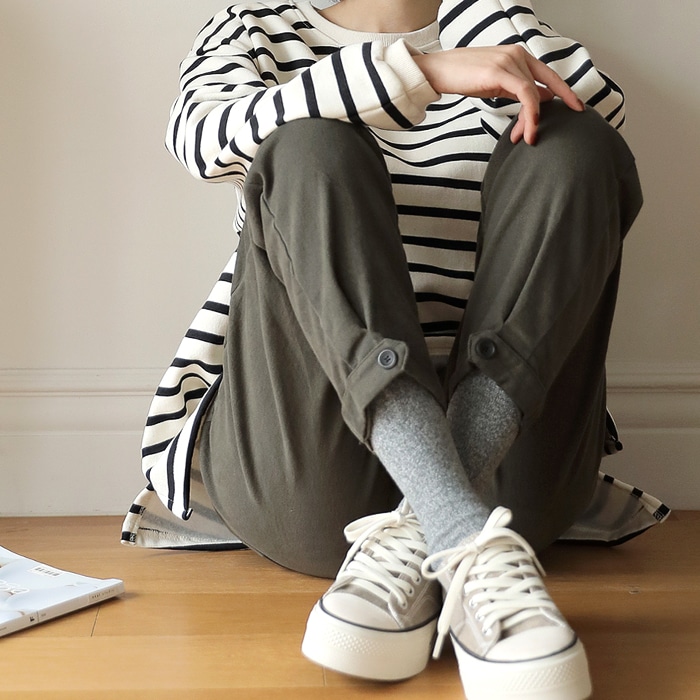 [韓国ファッション] 裏起毛 裾タブデザイン ウエストゴム ストレッチコットンパンツ