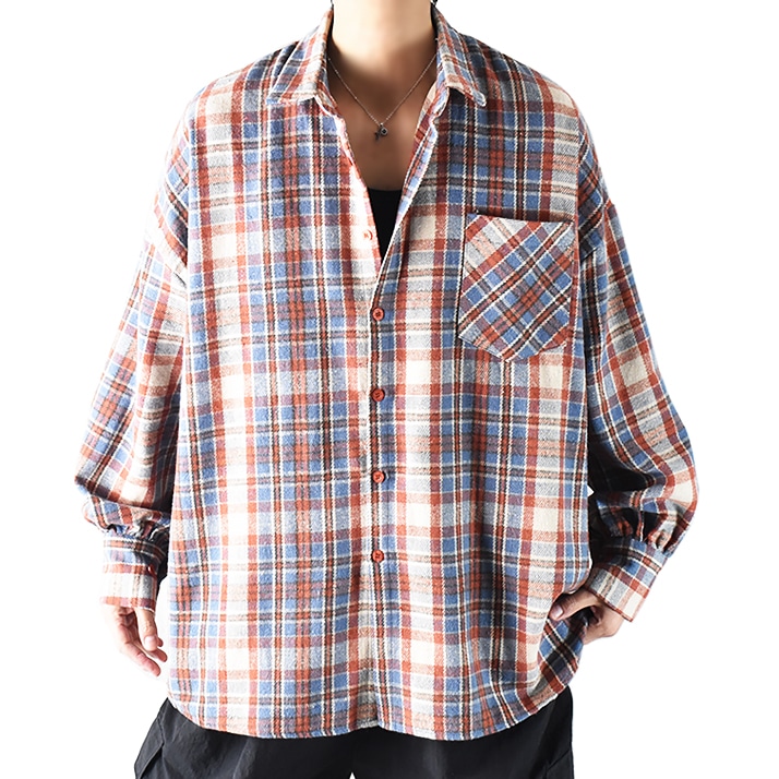 ポリエステル 総柄 シャツ メンズ 柄シャツ 長袖 大きいサイズ ネルシャツ 厚手 チェック柄 チェックシャツ オーバーサイズ ビッグシルエット 長袖シャツ 秋冬用 ドロップショルダー ゆったり
