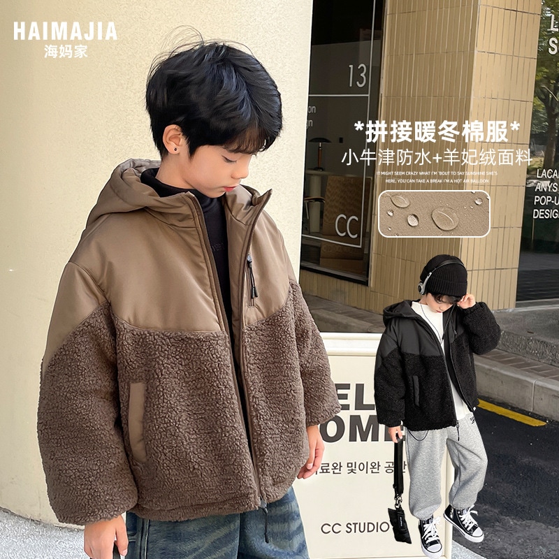 男の子ラムウールコットン厚みのあるフード付きジャケット2024秋冬新作韓国スタイル子供冬トップス中大型子供