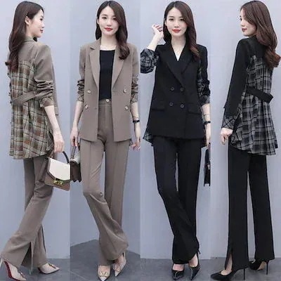 春夏 スーツセット 格子 トップス＋ワイドパンツ 薄手 上下2セット 伸びる 着心地良い 通勤
