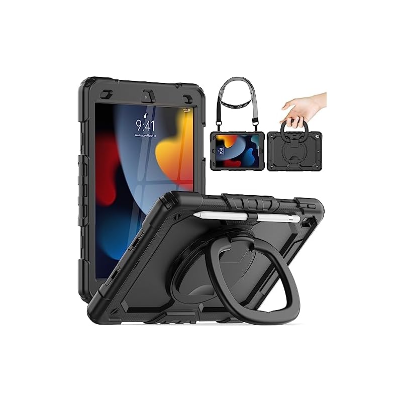 Timecity iPad 第9/ 8/ 7世代 ケース 耐衝撃 リングハンドル 保護フィルム 360回転スタンド ショルダーストラップ ペン収納付き 頑丈 子ども 傷防止 仕事用 現場 工事 多機能