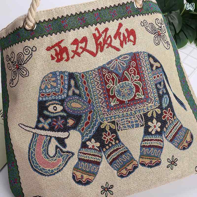エスニック バッグ かばん 鞄 刺繍 象 キャンバス ショルダー 肩掛け トートバッグ 旅行 お土産 ギフト ファスナー 内側 ポケット ロープ 持ち手 マチ