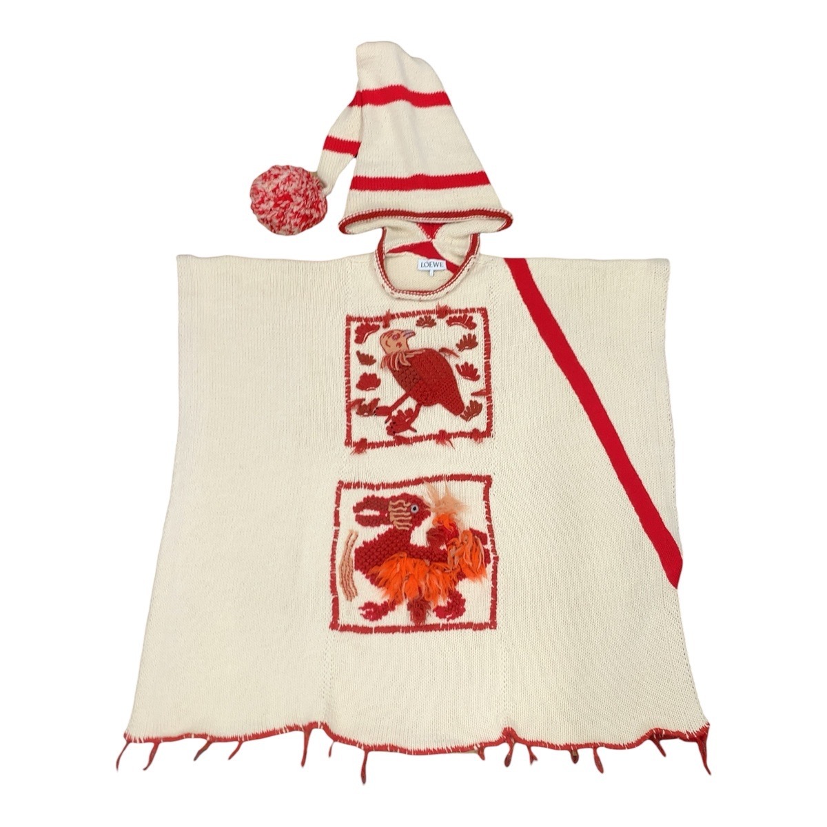 美品 コレクションライン One Size アイボリー レッド ウール ポンチョ 刺繍ニット メンズ 410993