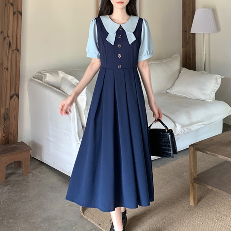 ビッグサイズフレンチシニアセンスシャツスプライシングフェイクlツーピースロングドレス子供サマーエイジングカレッジスタイルブルードレス