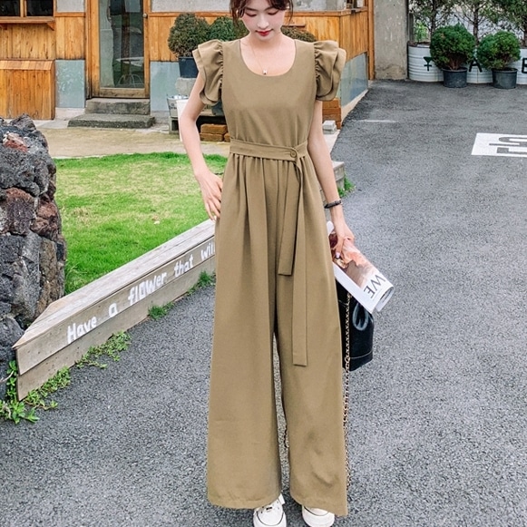 オールインワンパンツ ロングパンツ 半袖 袖コンシャス ラウンドネック ワイドパンツ ウエストベルト 可愛い かわいい 大人可愛い きれいめ シンプル 上品 おしゃれ かっこいい カジュアル レトロ