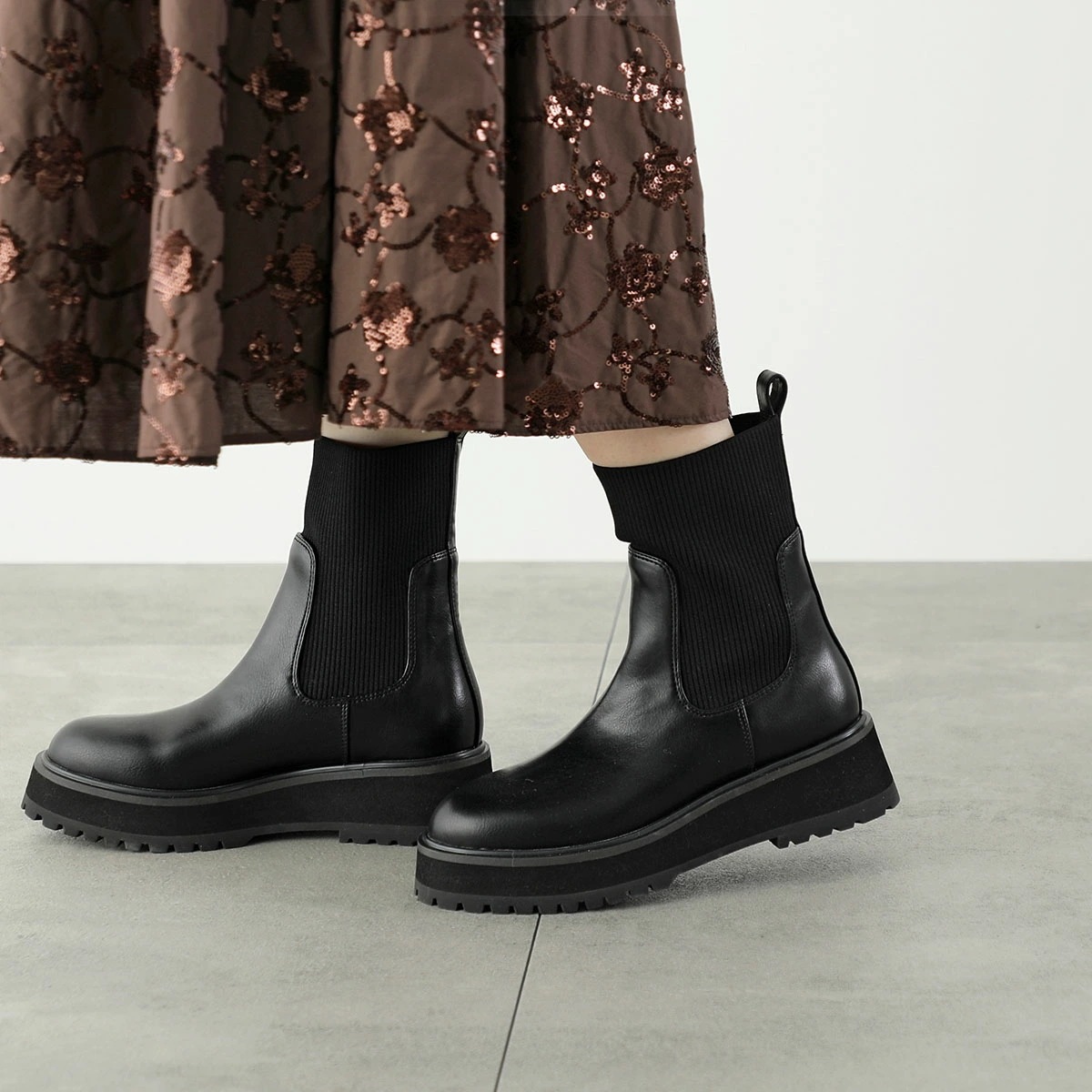 ATELIER BRUGGE アトリエブルージュ ショートブーツ 25KS-74 レディース ニットコンビ レザー ラウンドトゥ プラットフォーム 厚底 シューズ 靴 BLACK