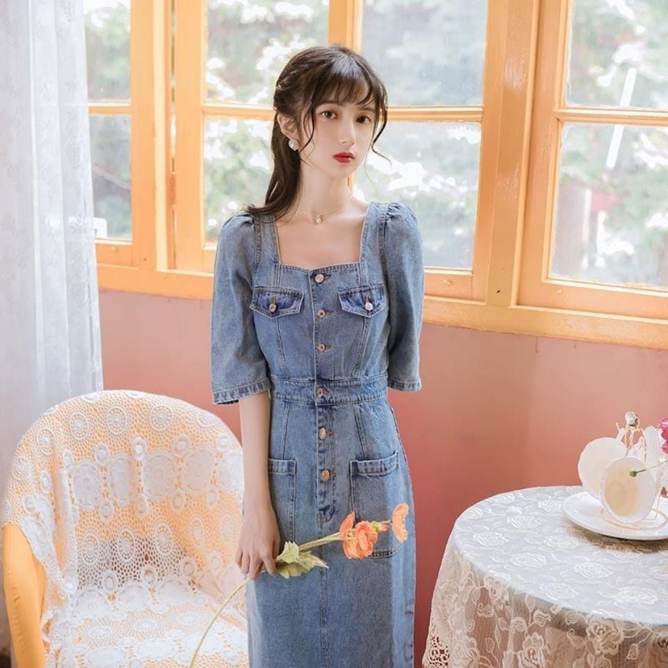 小さな新鮮なレトロなスクエアネック5スリーブレディースデニムワンピースドレスデニムスカートバックレススリム薄いスカート