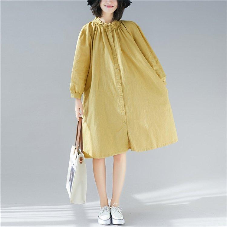 ワンピース シャツワンピース レディース 膝上丈 膝上ワンピース 前開き 無地 長袖 秋 春 フリル ゆったり カジュアル 可愛い ボタン 着痩せ コーデ 薄手 綿麻