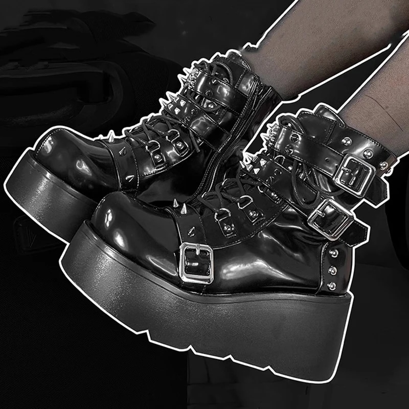 Chunky-女性のためのアンクルブーツ パンクスタイルの靴 黒いpuレザー 金属製バックル ゴシックサンダル リベット装飾 冬 2023