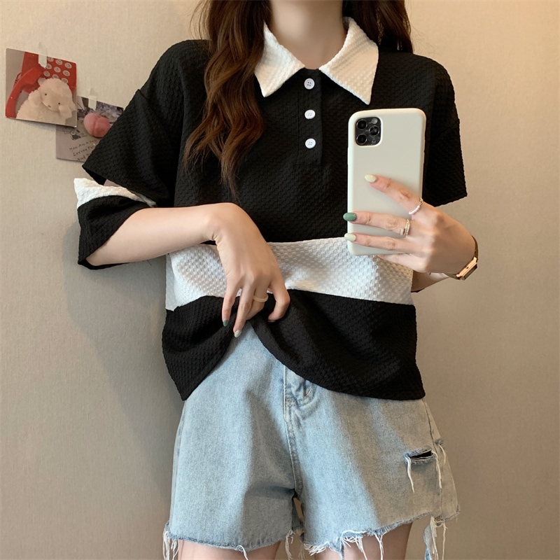 トップス ポロシャツ 袖あり 5分袖 五分袖 襟付き カジュアル ラフ メンズライク ボーイッシュ