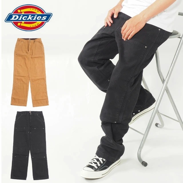 DICKIES ディッキーズ DUR02 ダブルフロント ダックパンツ ダブルニー メンズ ワークパンツ 太め ストリート系 カーペンターパンツ 黒 ブラック ブラウン 茶 大きいサイズ対応 USAモ