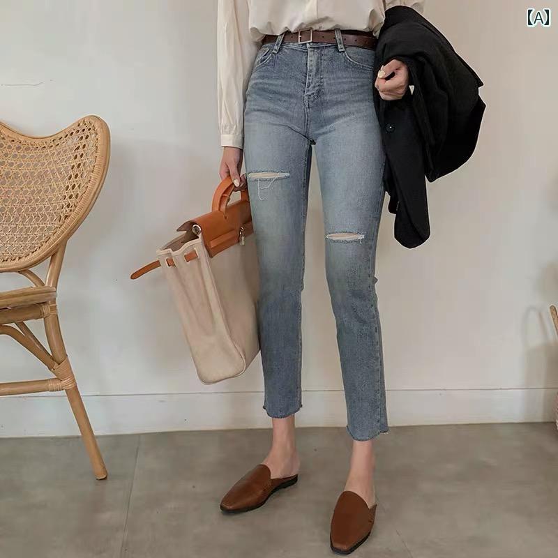 デニムパンツ レディース ダメージ ジーンズ クラッシュ ボトムス スキニー ストレート 秋 ハイウエスト ストレッチ性 韓国 カジュアル クロップド ウォッシュド ブルー