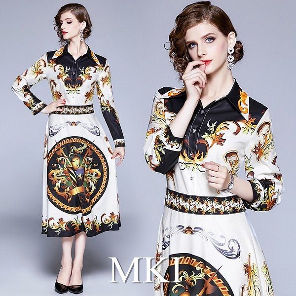 レディース スエレガンス ワンピース 秋冬 イブニングドレス 30代 40代 プリント レトロ 襟付き Aラインドレス 演奏会 披露宴 お呼ばれ 二次会 フォーマル