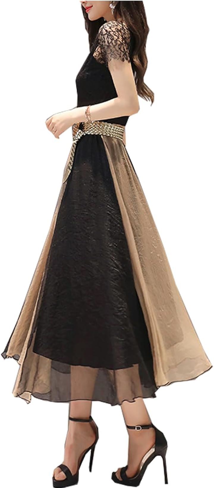 aライン 総レース パーティードレス お呼ばれ おしゃれ 膝丈 上品 ロングドレス ワンピース 発表会 半袖 演奏会 披露宴 ウエスト 絞り ベルト きれいめ( ベージュ, L)