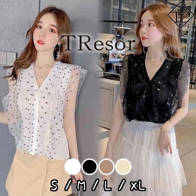 2点で13o円OFF!【即納】カットソー レディース Tシャツ 半袖 ロンT トップス シンプル 大きいサイズ 春 夏 秋 薄手 きれいめ チュール サマーニット ドット柄 体型カバー Vネック シー