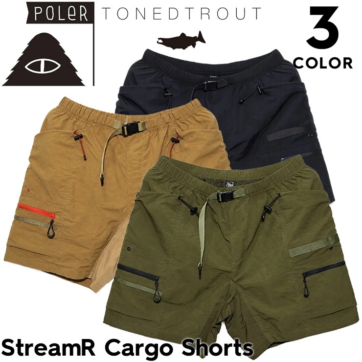 POLeR ポーラー × TONEDTROUT カーゴショーツ ハーフパンツ メンズ 吸湿速乾 UVカット 耐塩素 アウトドア フィッシング コラボ StreamR Cargo Shor #04977