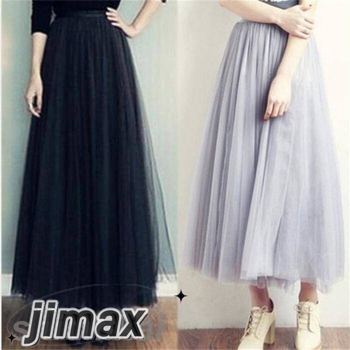 チュールスカート ロングスカート レディース ロング丈 裏地付き ウエストゴム レース ボリューム フレア 無地 プレゼント