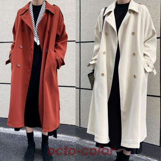 ゆったりサイズ トレンチコート アウター 膝下 ロング丈 袖あり 長袖 襟付き 角襟 ダブルブレスト かわいい 大人可愛い きれいめ シンプル カジュアル 大人 上品