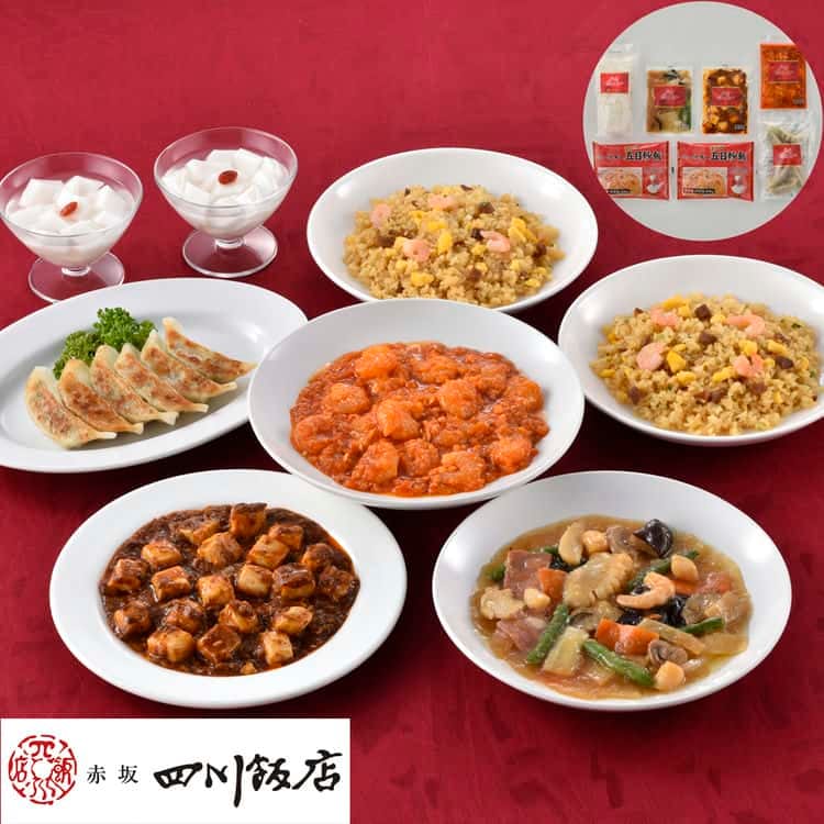東京 「赤坂四川飯店」 陳建一監修 本格中華6種セット 餃子本格四川麻婆豆腐乾焼蝦仁（エビチリソース）本格八宝菜ふっくら五目炒飯杏仁豆腐 離島は配送不可 9200058 お歳暮 お中元 お土産 ご進物