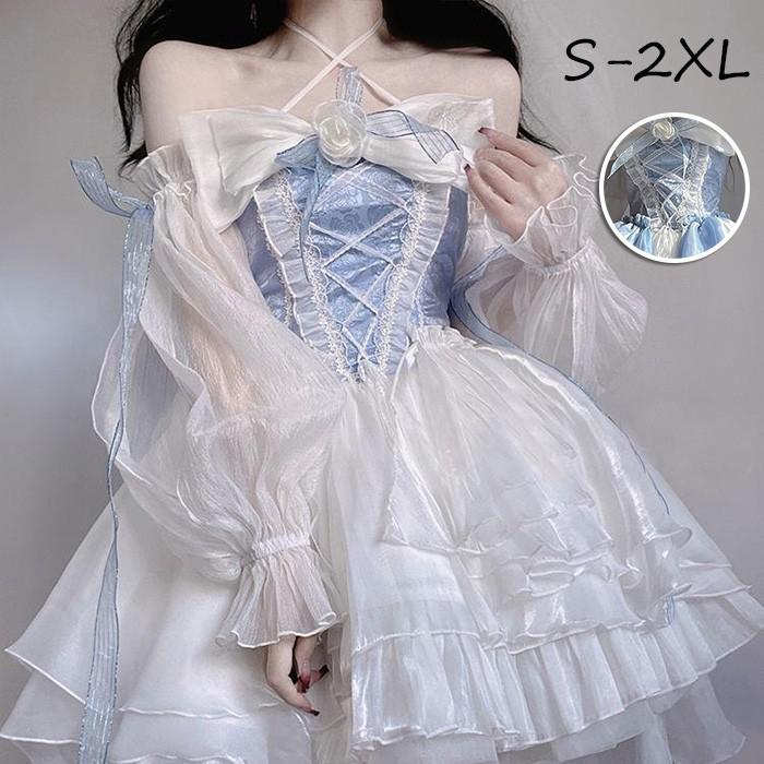 ワンピース ロリータ Lolita ドレス ブルー ホワイトリボン トレーン フィッシュテール プリンセス パフスカート フォーマル パーティー ドレス エレガント コスプレ S M L XL 2XL