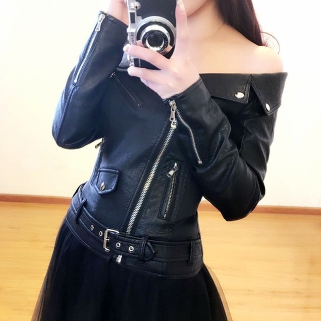 5091.オフショルライダースジャケット（ブラック）2019 春夏 sale アウター 美ライン おしゃれ カジュアル ショート オフィス ビジネス お出かけ 女子会 普段使い 通勤 通学 200,000円