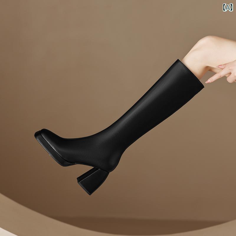 ロングブーツ レディース タイトフィット シンプル おしゃれ スタイルアップ レトロ レザー プラット フォーム ブーツ ハイヒール ブラウン スクエアトゥ 膝下 太 ヒールサイド ジッパー ブーツ