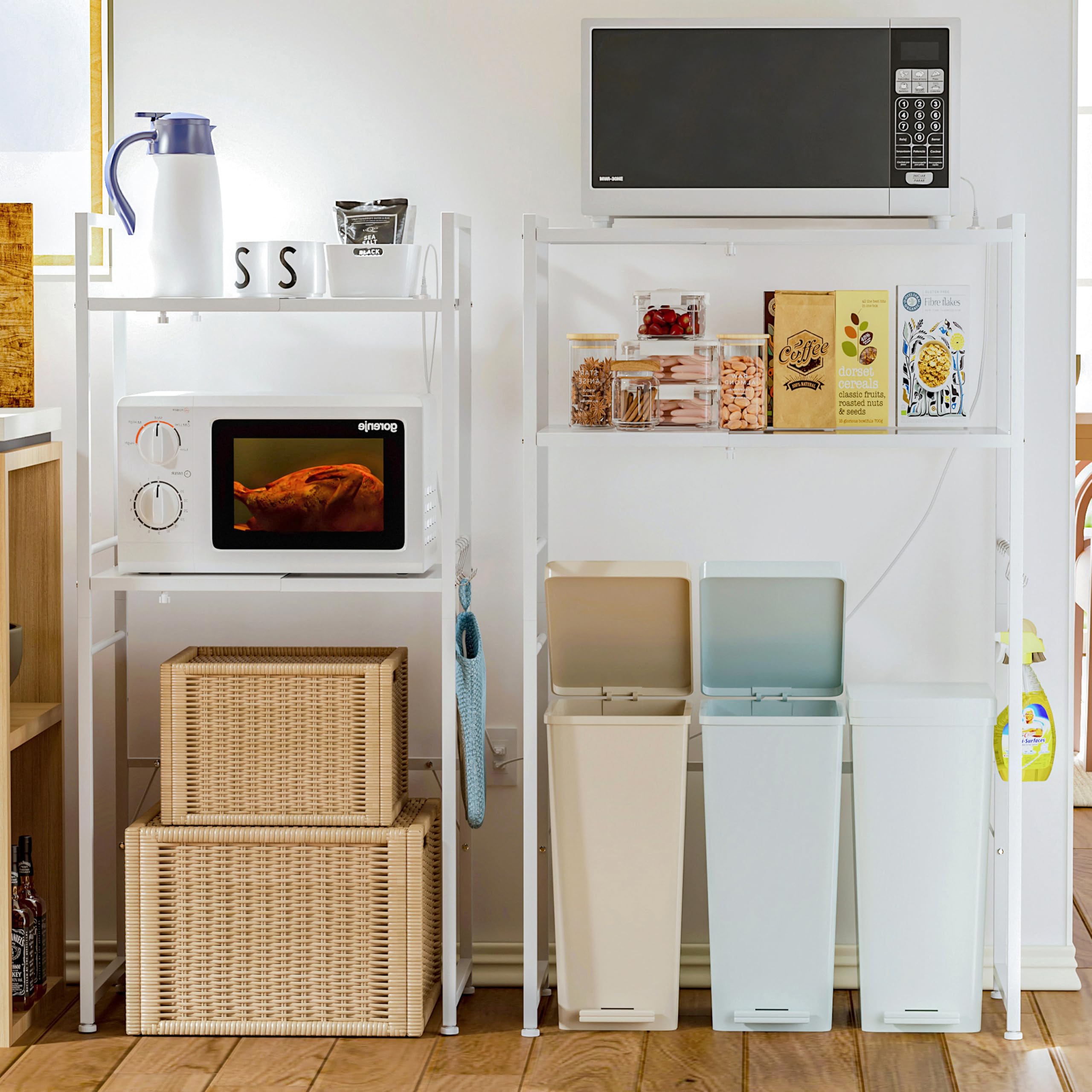 LunarLight 多機能横幅伸縮できるコンセント付きキッチンベイカーラックサイズ：60.5から-80まで幅*42奥行き*129.5高さcmキッチンラックレンジ台オーペンラックゴミ箱収納プリント台ラ