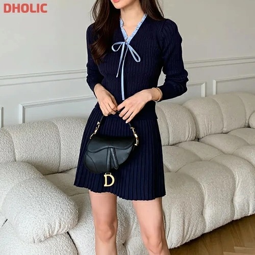 [メガ割りSALE]フリルリボンVネックケーブルニットカーディガン&プリーツスカートSET