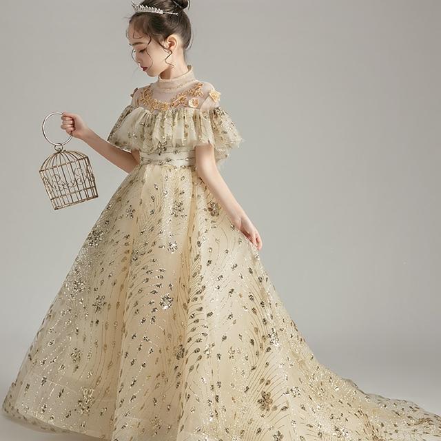 コスパ最高子供 ドレス ロング シャンパン 大人っぽい ロングドレス フィッシュテール キッズドレス ピアノ 発表会 女の子 ロングスカート 子ども 結婚式 フォーマル 子供服 レース フリル ラメ