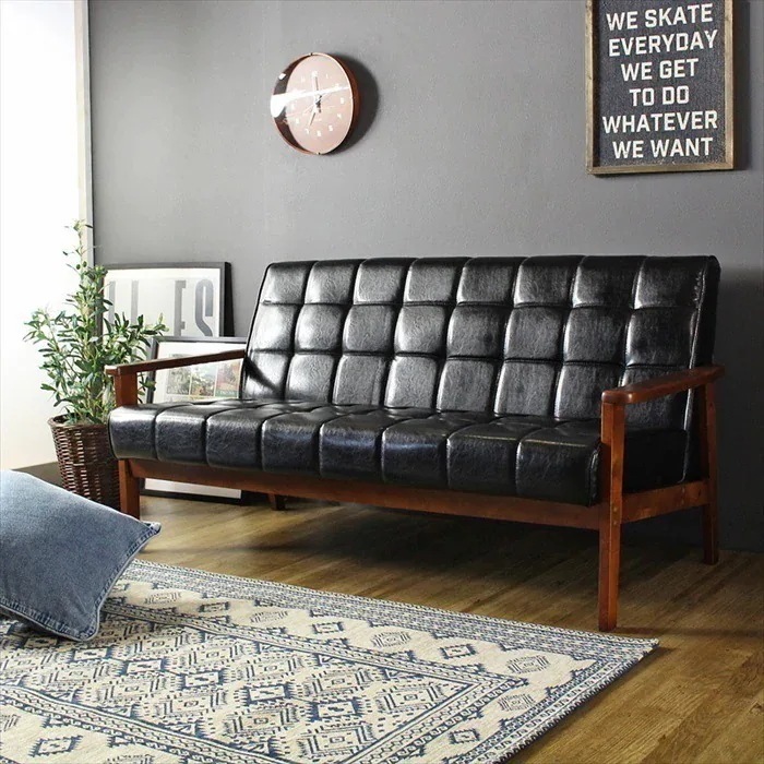 ソファ ソファー 2.5人掛け レザー 北欧 おしゃれ 幅150 座面高40 天然木 木肘 シンプル 合成皮革 ヴィンテージ リビング チェア