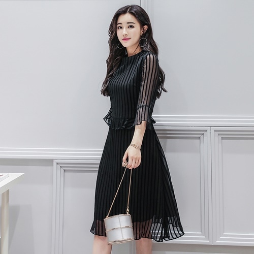 1356.ストライプメッシュフレアスリーブドレス(ブラック) 2019 春夏 sale お呼ばれ パーティー 女子会 ディナー レストラン フォーマル デート